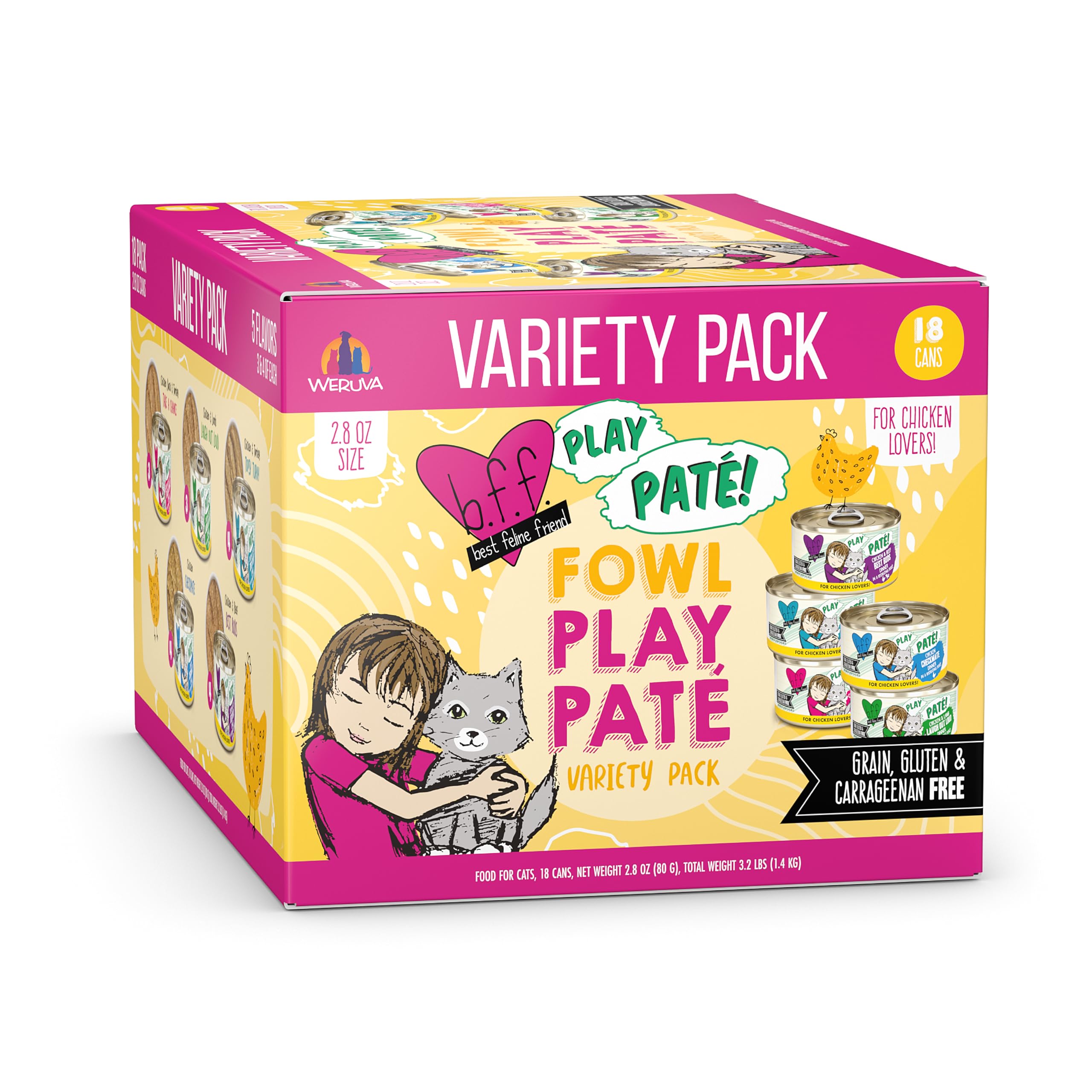 Weruva B.F.F. Play Fowl Play Yellow Patés variety pack shown from the front.