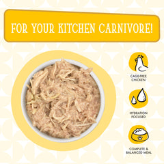 Weruva Chicken Frick 'A Zee cat food with au jus shown close up.