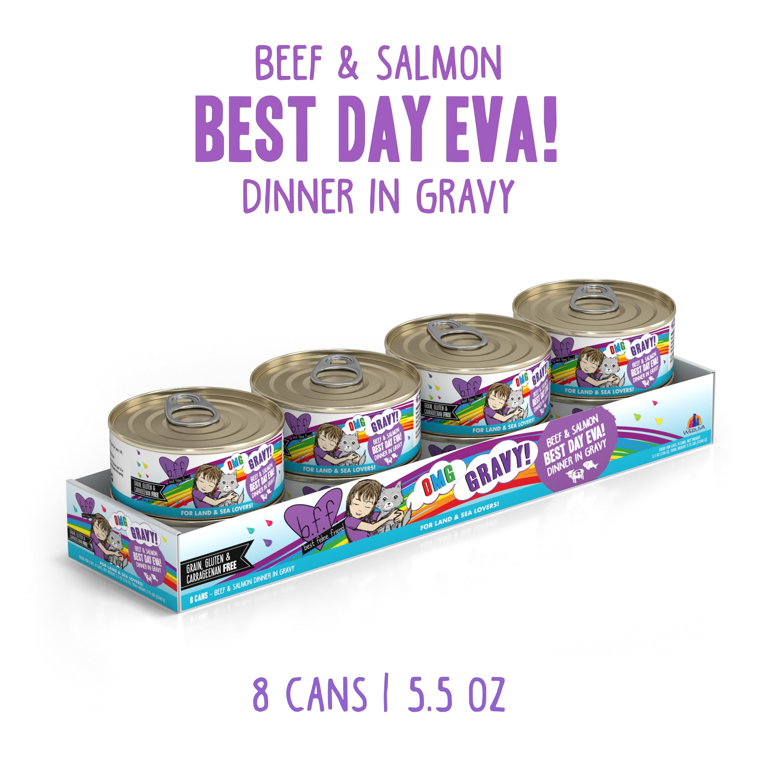 Weruva B.F.F. OMG cat food shown as an eight-can pack.