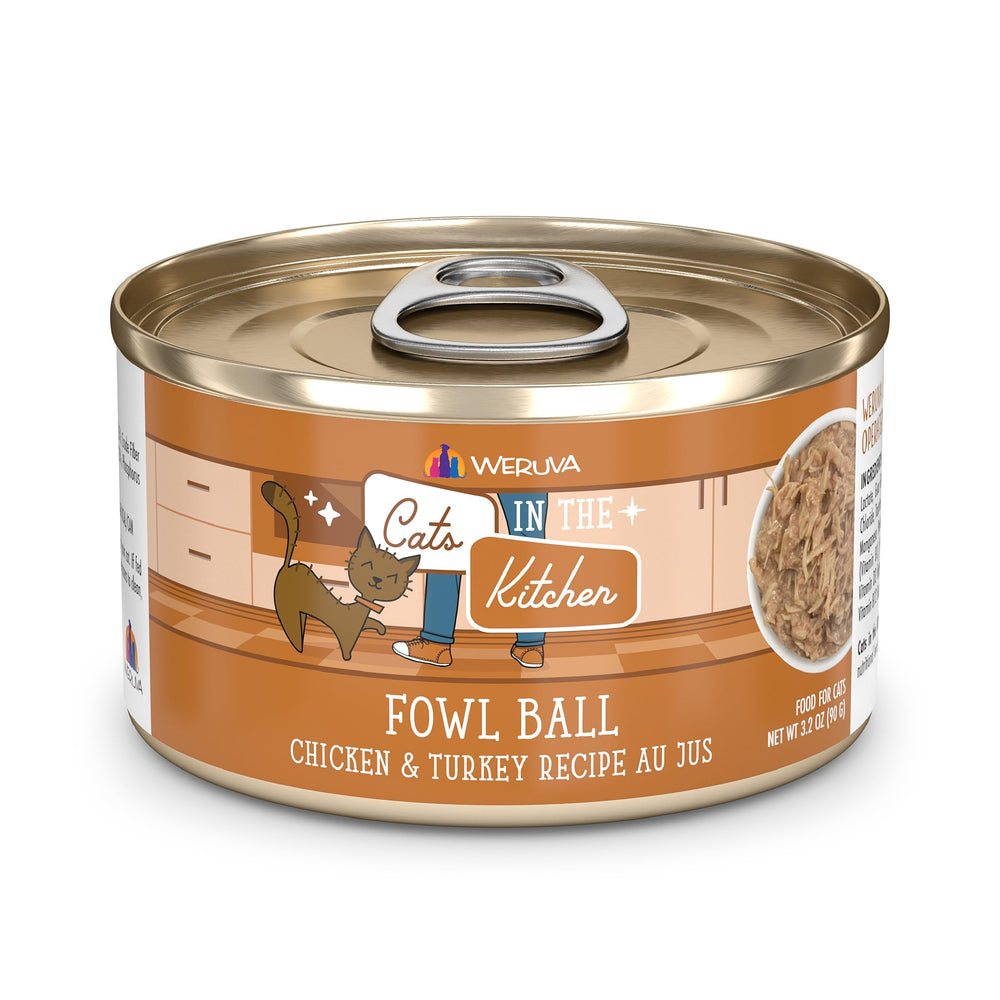 Weruva Fowl Ball cat food can shown from the front.