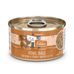 Weruva Fowl Ball cat food can shown from the front.