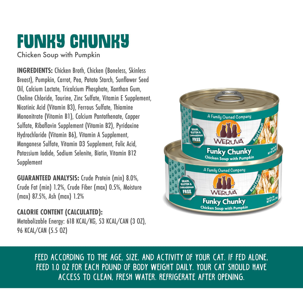 Weruva Funky Chunky cat food chicken pieces served in gravy.