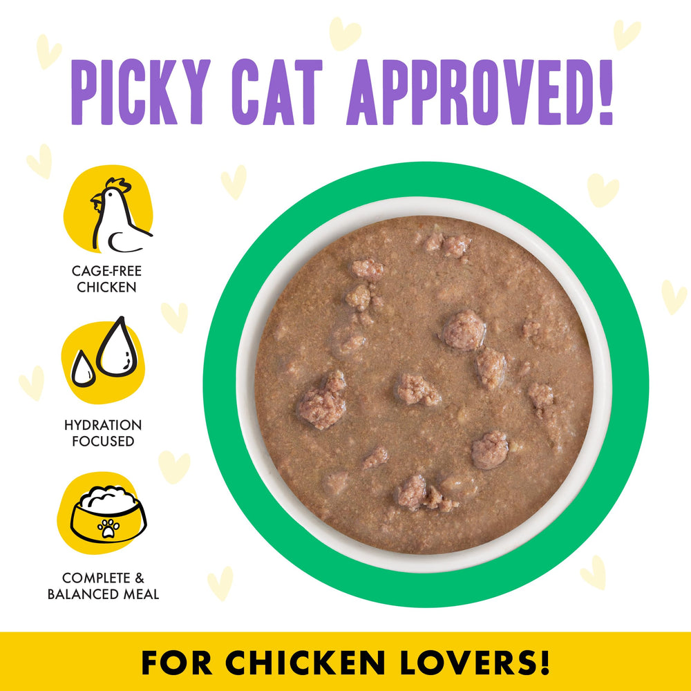 Weruva chicken and turkey cat food pouch shown opened.