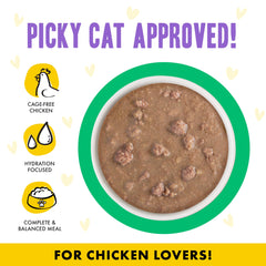 Weruva chicken and turkey cat food pouch shown opened.