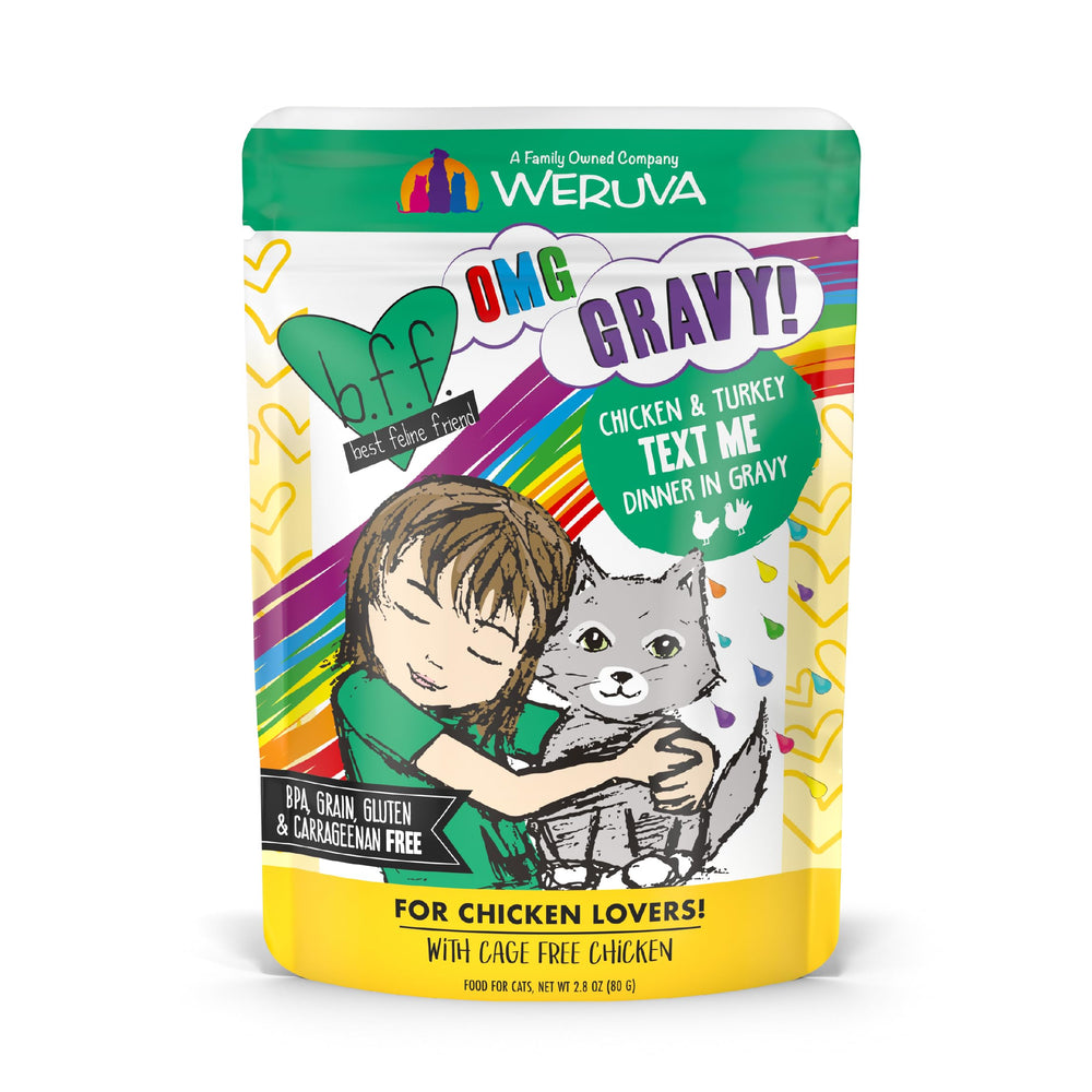 Weruva chicken and turkey cat food pouch shown from the front.