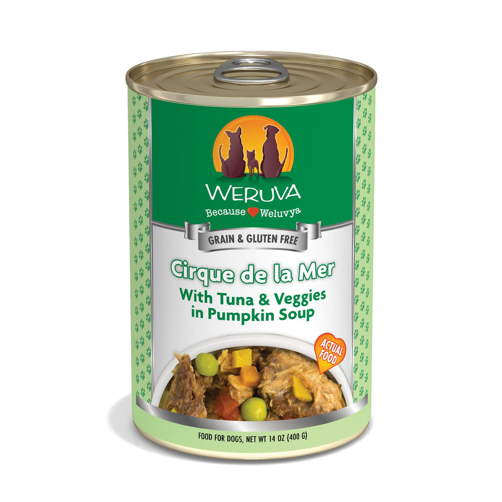 Weruva Cirque de la Mer dog food can shown from the front.