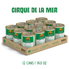 Weruva Cirque de la Mer dog food can with its product label visible.
