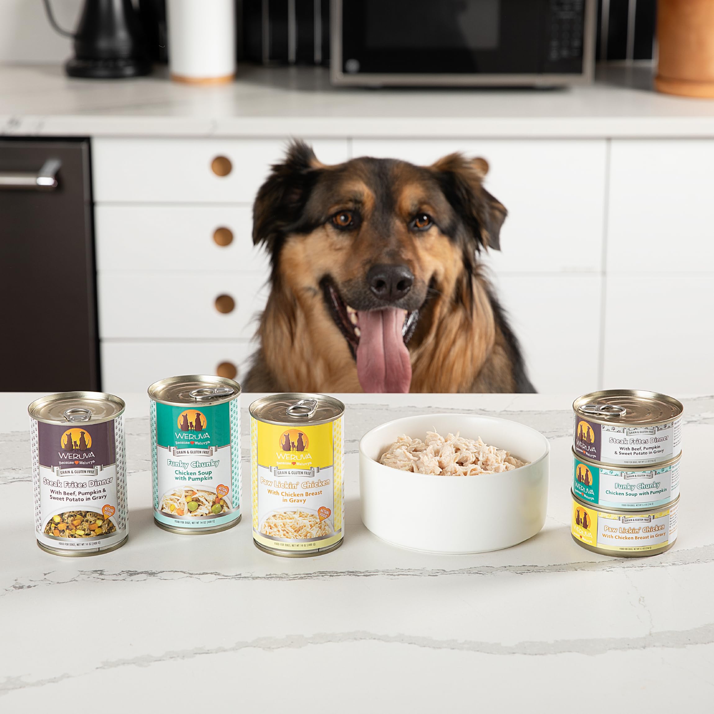 Weruva Classic dog food shown in an open can.