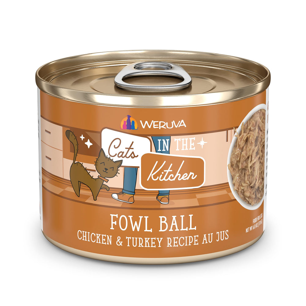 Weruva Fowl Ball cat food can shown from the front.