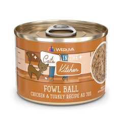 Weruva Fowl Ball cat food can shown from the front.