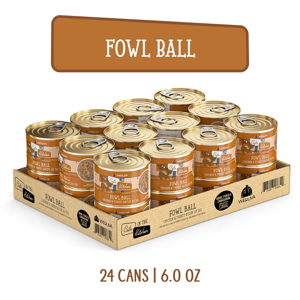 Weruva Fowl Ball cat food shown as a pack of cans.