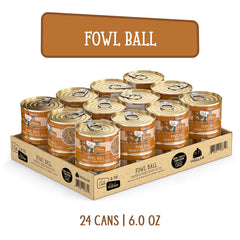 Weruva Fowl Ball cat food shown as a pack of cans.