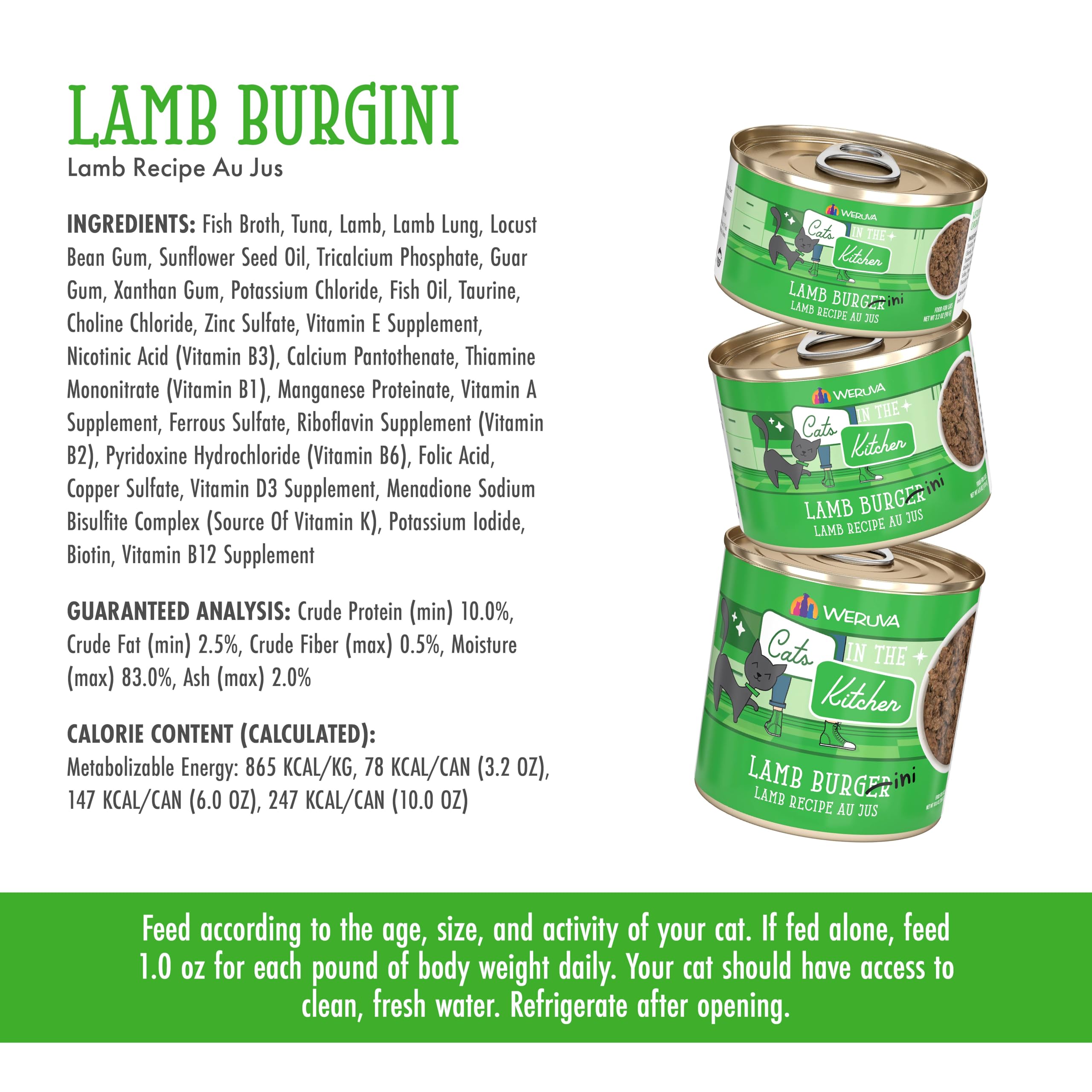 Weruva Lamb Burger-ini cat food with its au jus sauce in focus.