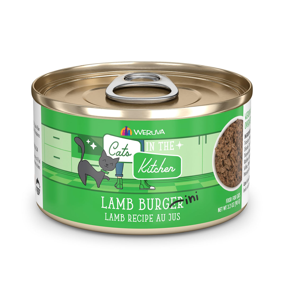 Weruva Lamb Burger-ini cat food can shown from the front.