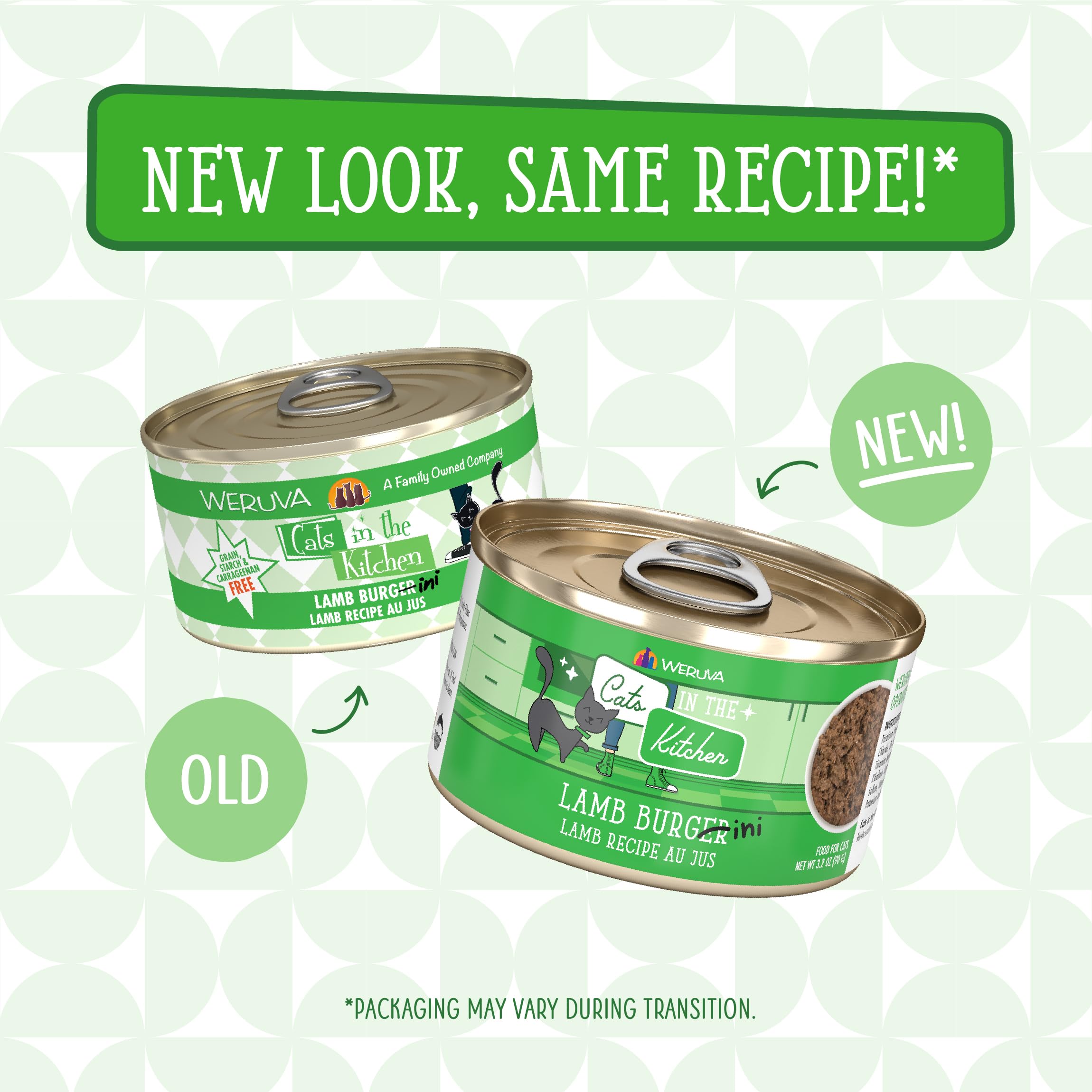 Weruva Lamb Burger-ini cat food shown as a pack of cans.