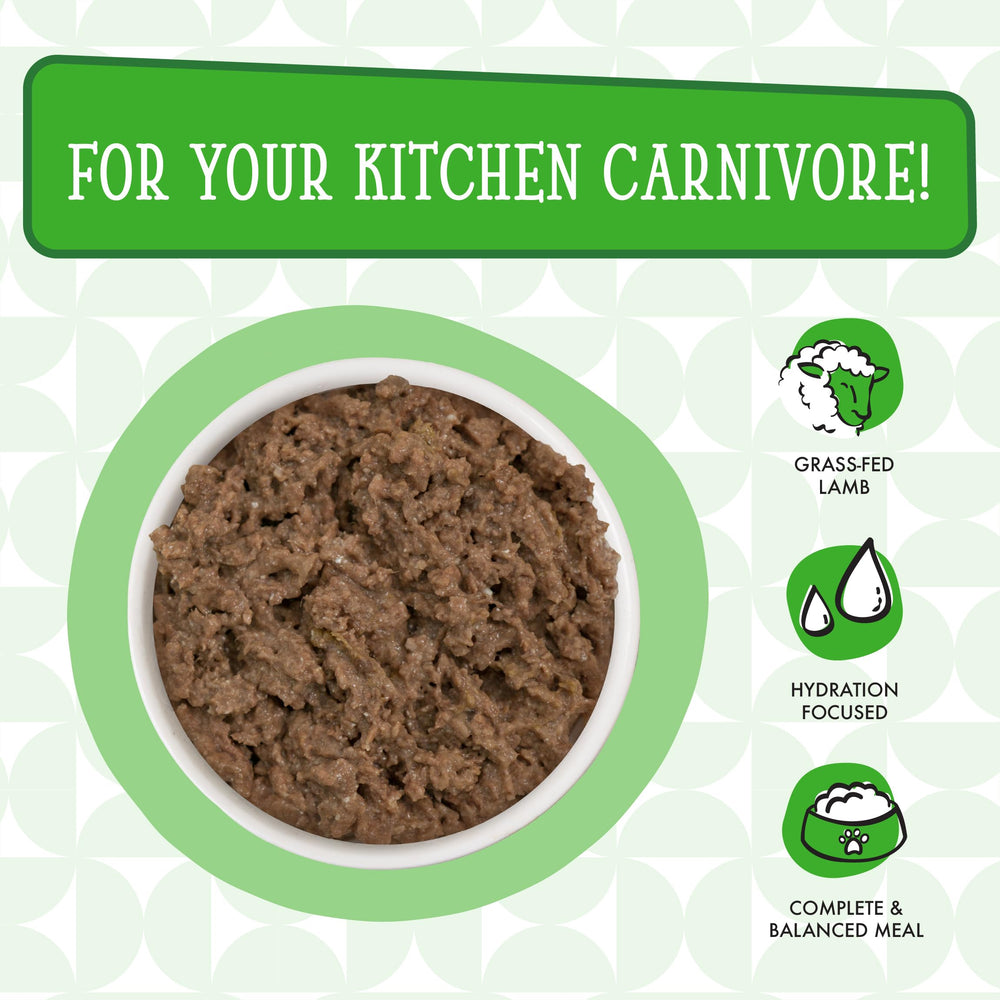 Weruva Lamb Burger-ini cat food shown in an opened can.