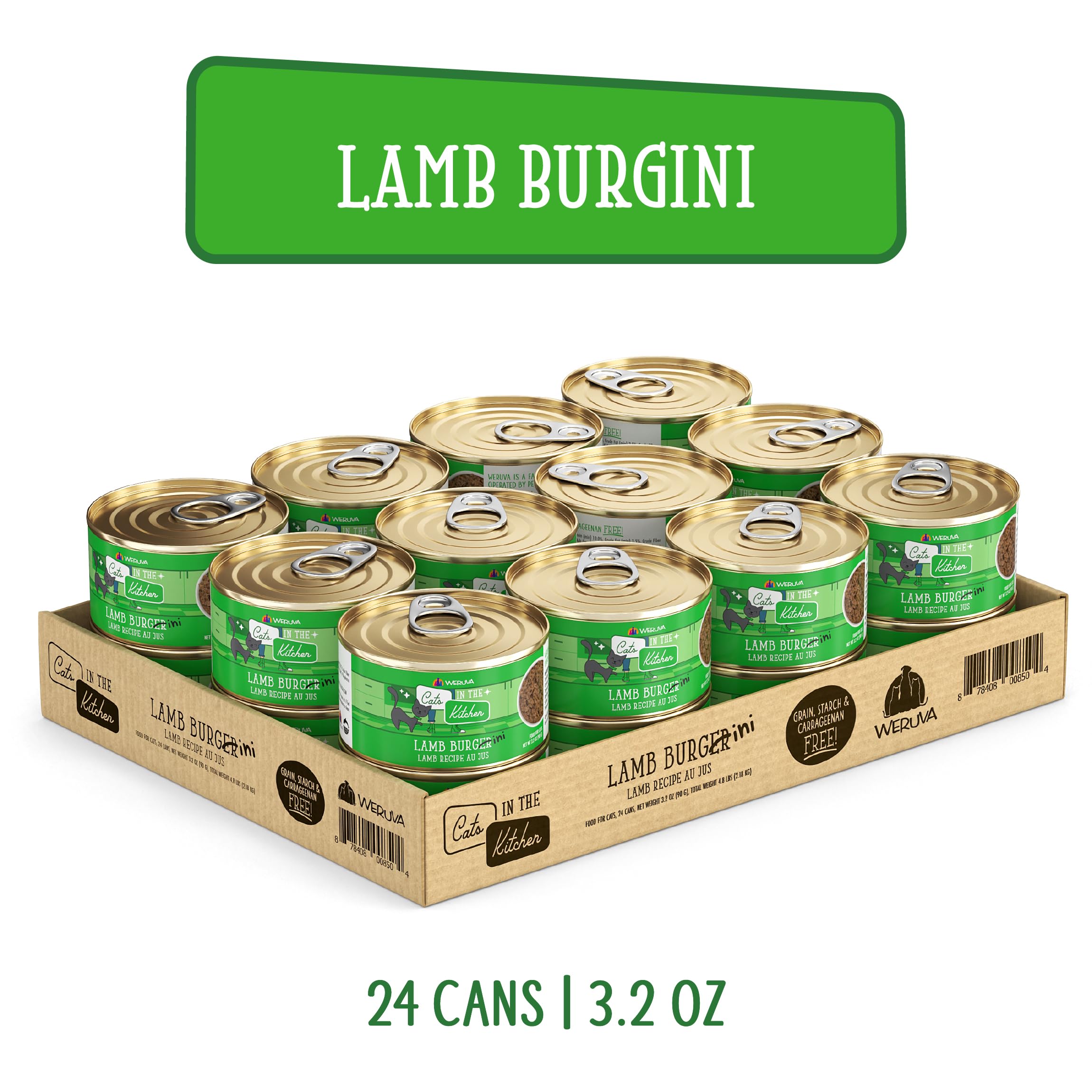 Weruva Lamb Burger-ini cat food can shown from the side.
