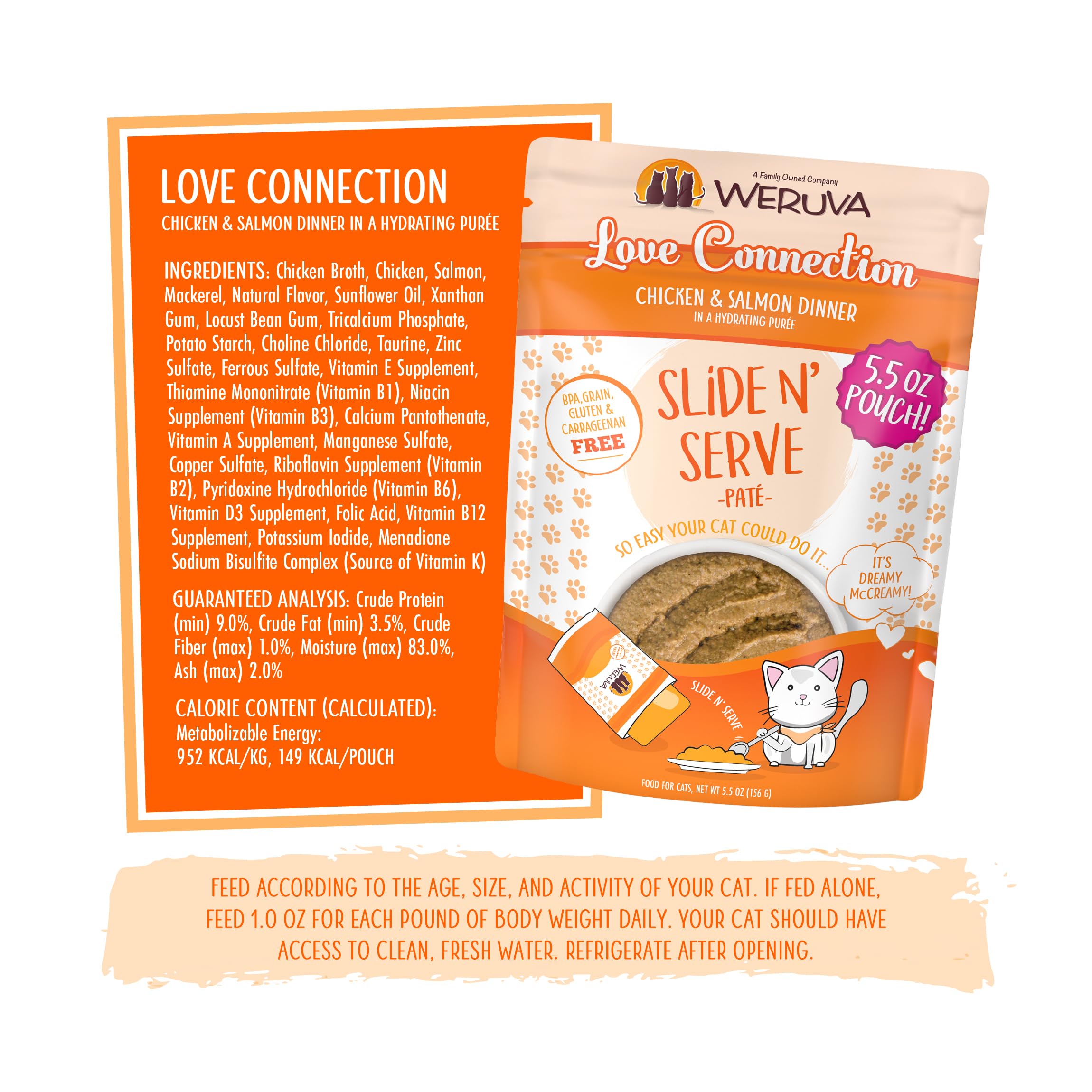 Weruva Love Connection wet cat food shown as a pack of twelve pouches.