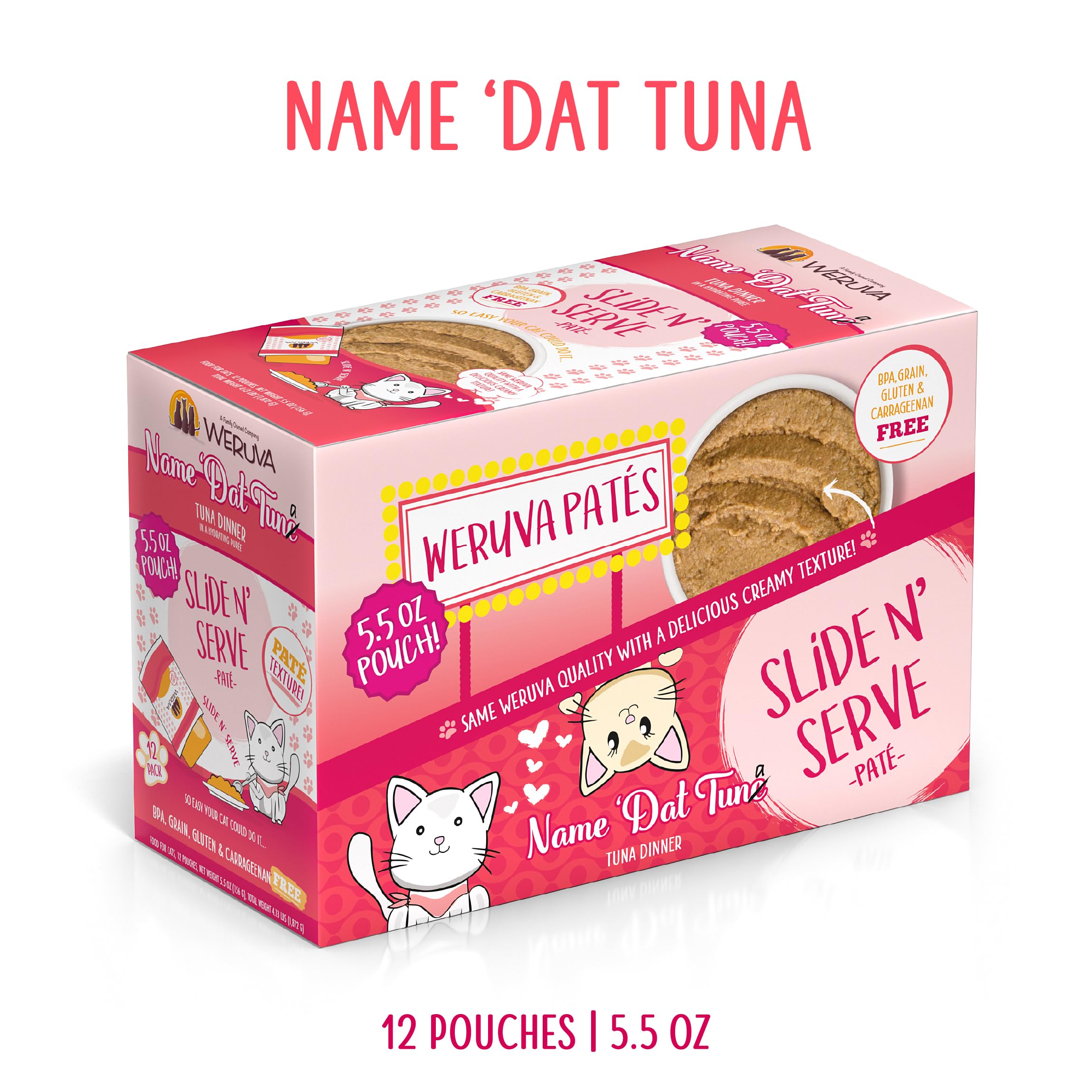 Weruva Name Dat Tuna wet cat food pouch shown from the front.