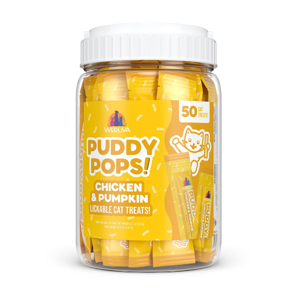 Weruva Puddy Pops lickable cat treats shown as a pack of tubes.
