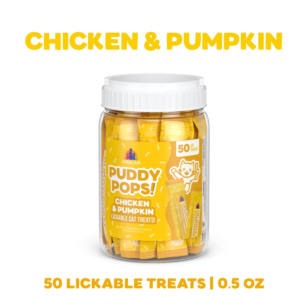Weruva Puddy Pops lickable cat treat in an individual tube.