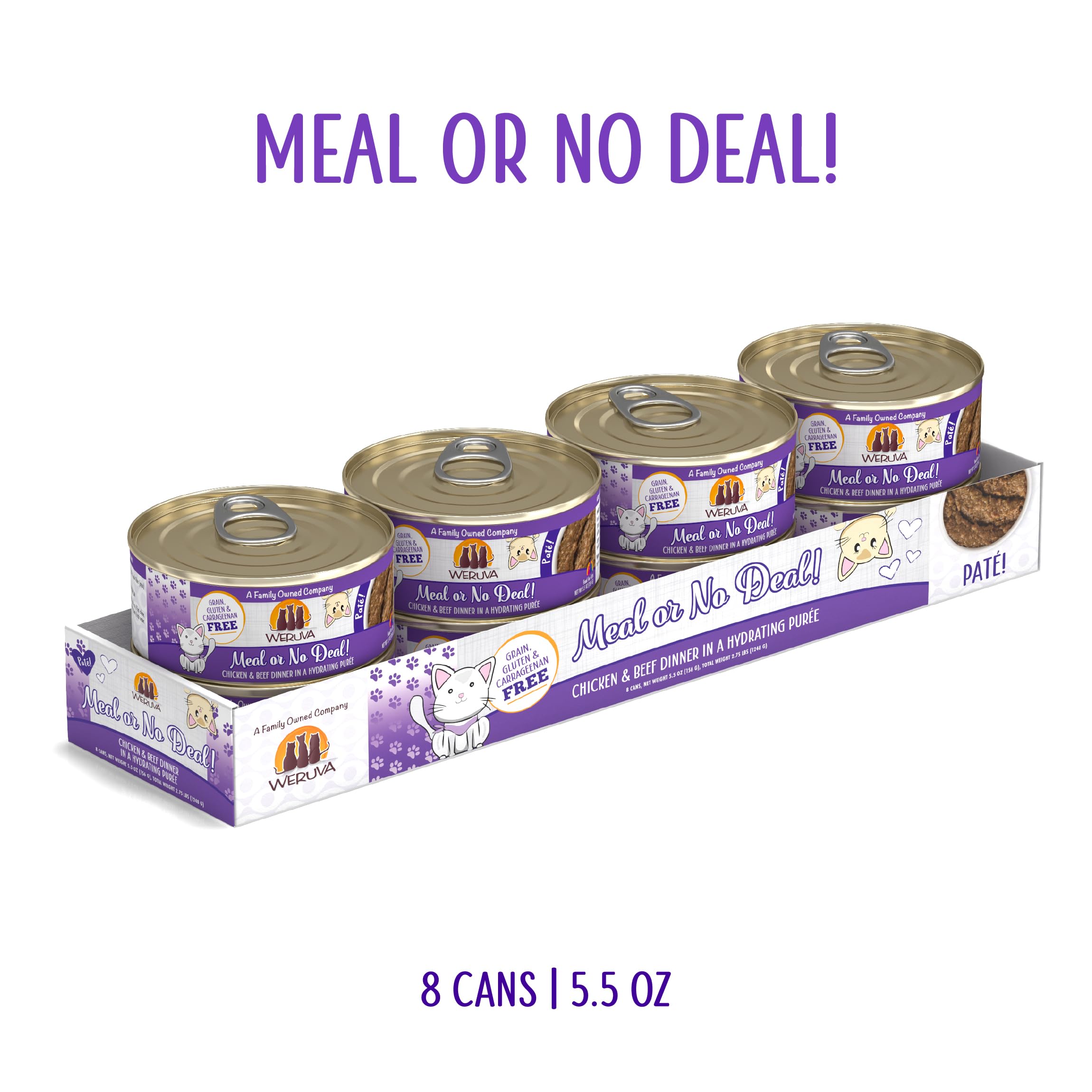 Weruva wet cat food eight-can pack shown together.