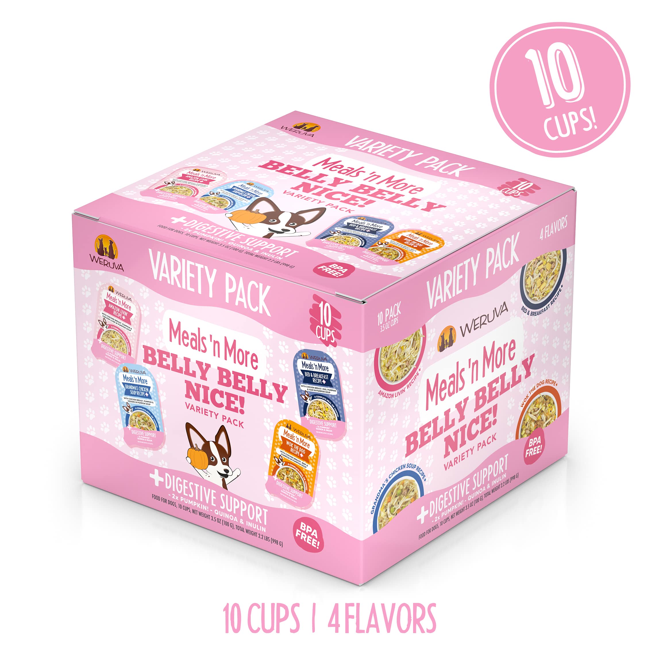 Weruva wet dog food variety pack with its included cups.