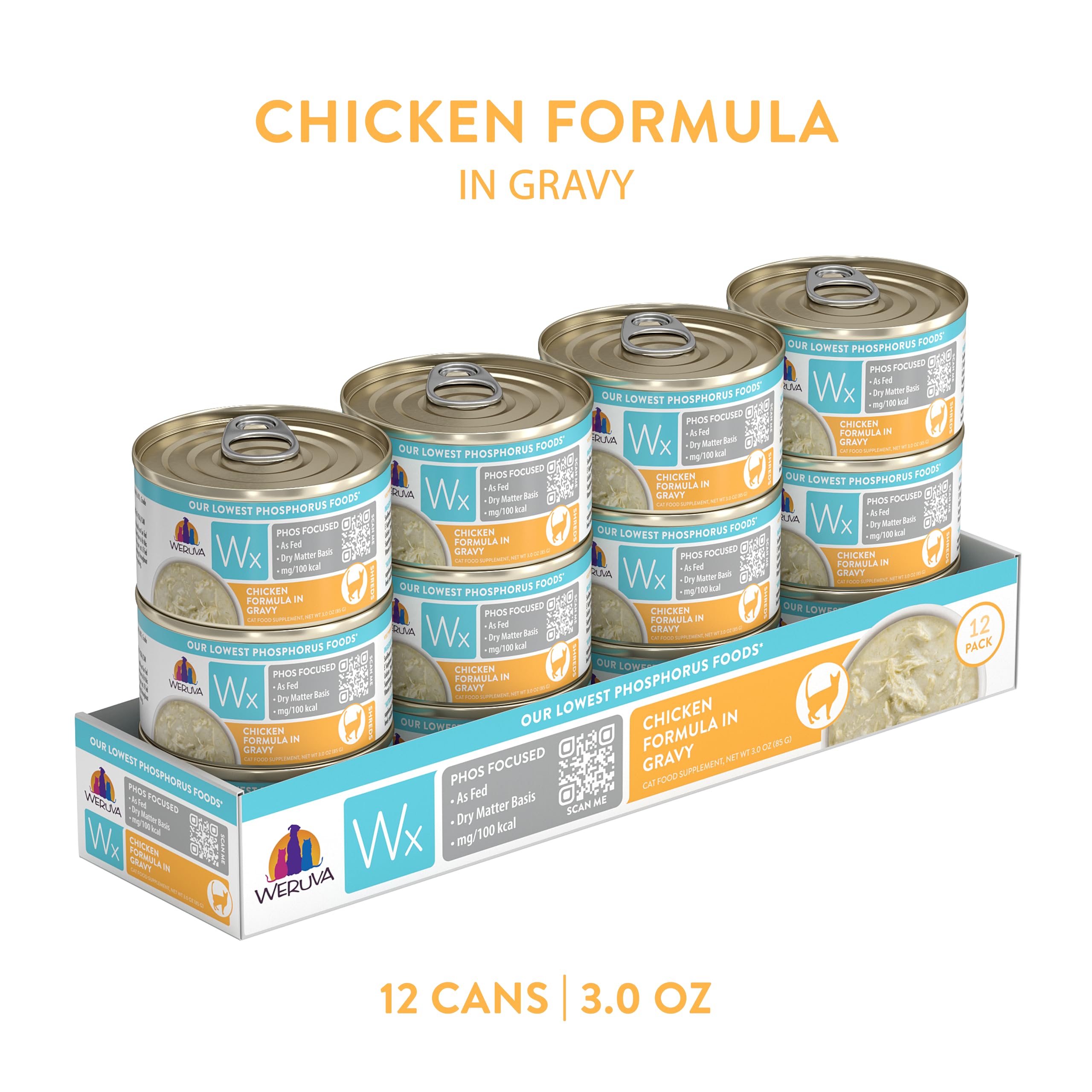 Weruva Wx Phos Focused cat food can shown from the side.