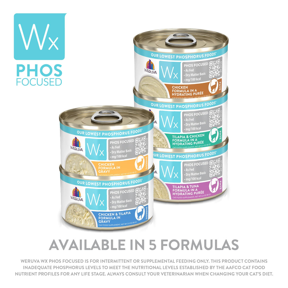 Weruva Wx Phos Focused cat food phosphorus focus shown on the packaging.