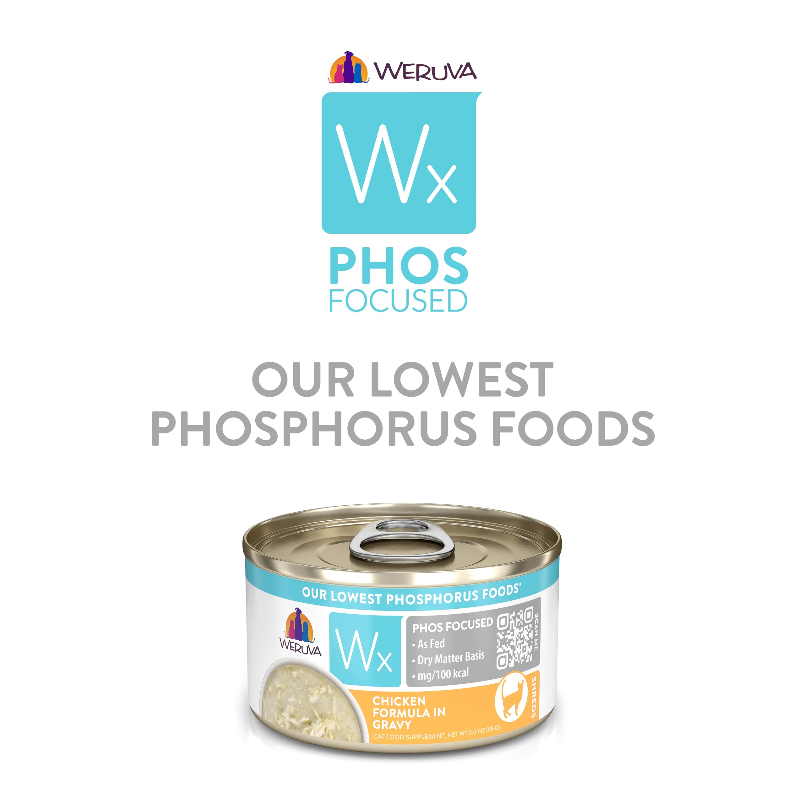 Weruva Wx Phos Focused chicken cat food contents shown outside the can.
