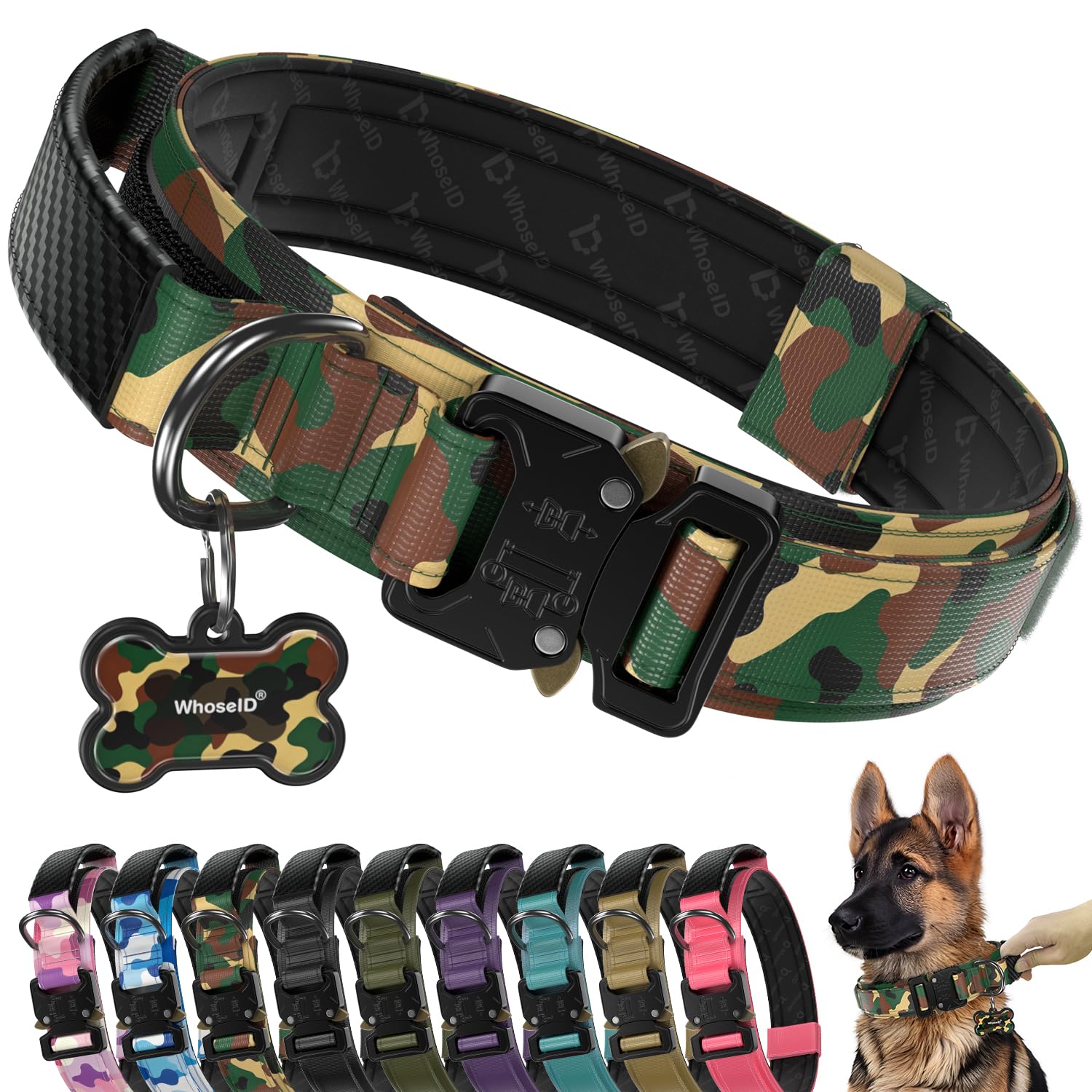 WhoseID tactical dog collar shown from the front with its buckle and control handle.