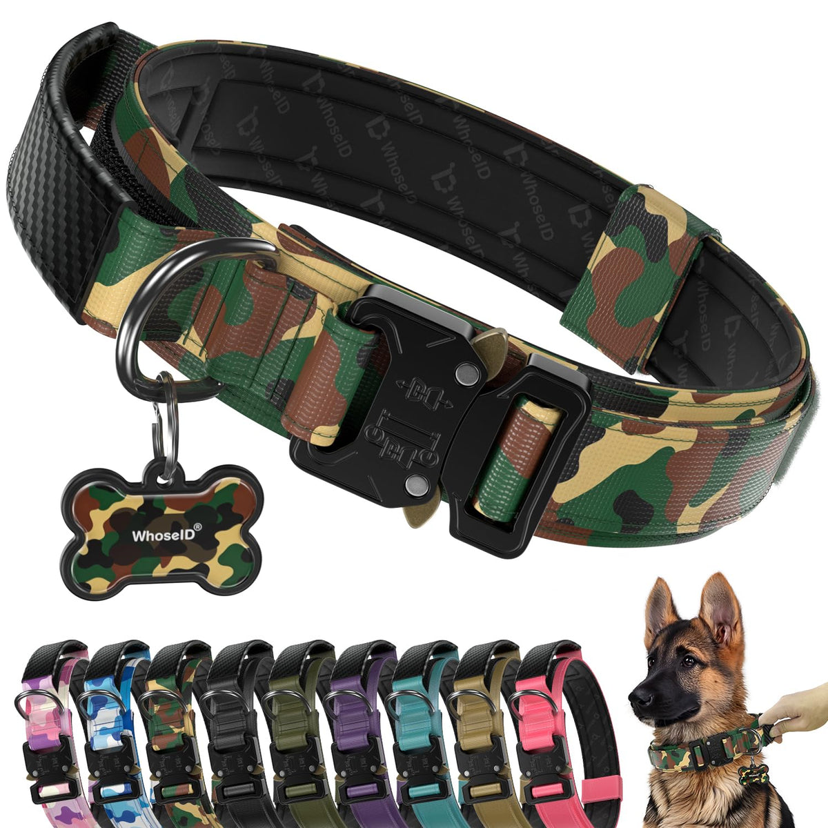 WhoseID tactical dog collar shown from the front with its buckle and control handle.
