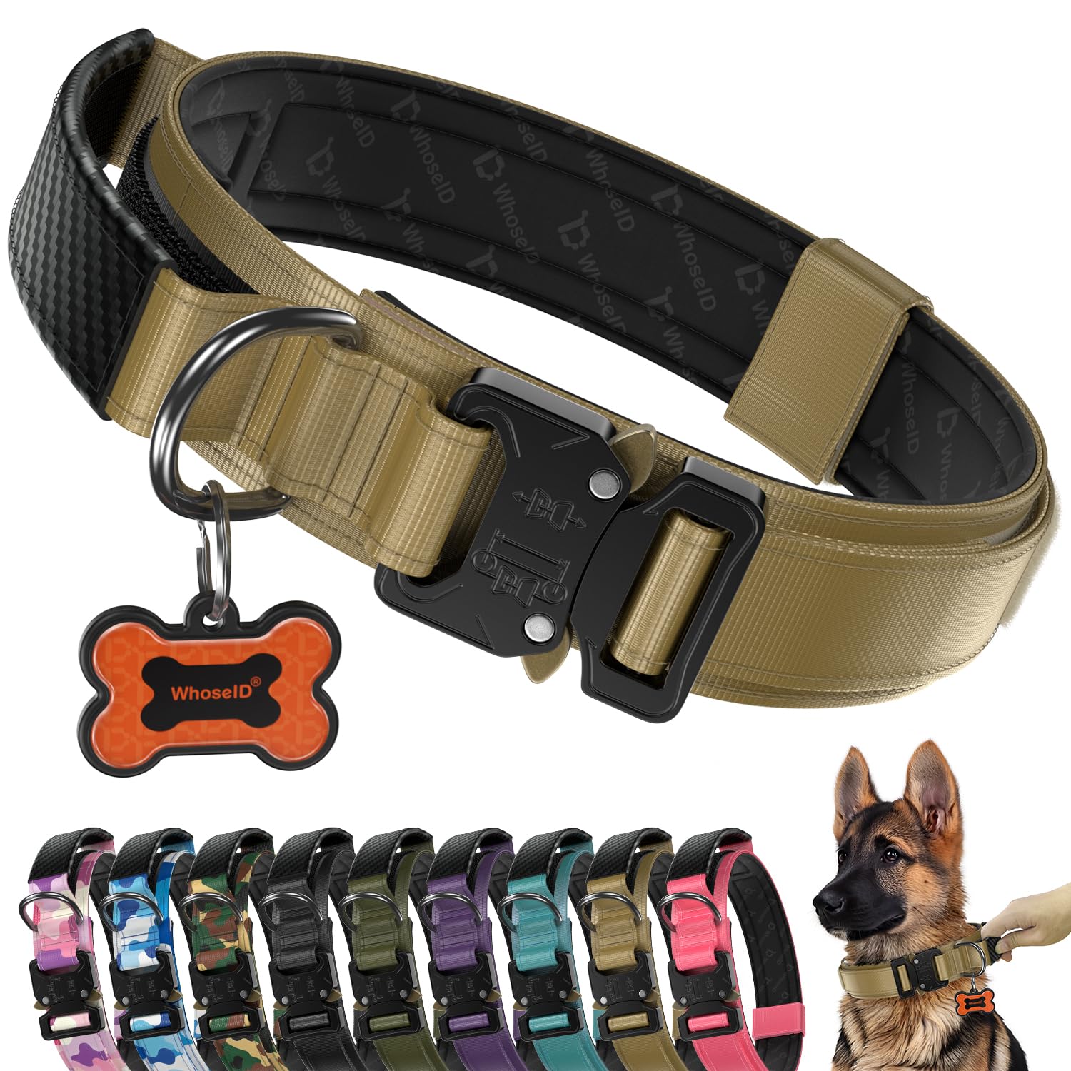 WhoseID tactical dog collar shown from the front with its buckle, handle, and QR code tag.