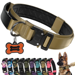 WhoseID tactical dog collar shown from the front with its buckle, handle, and QR code tag.