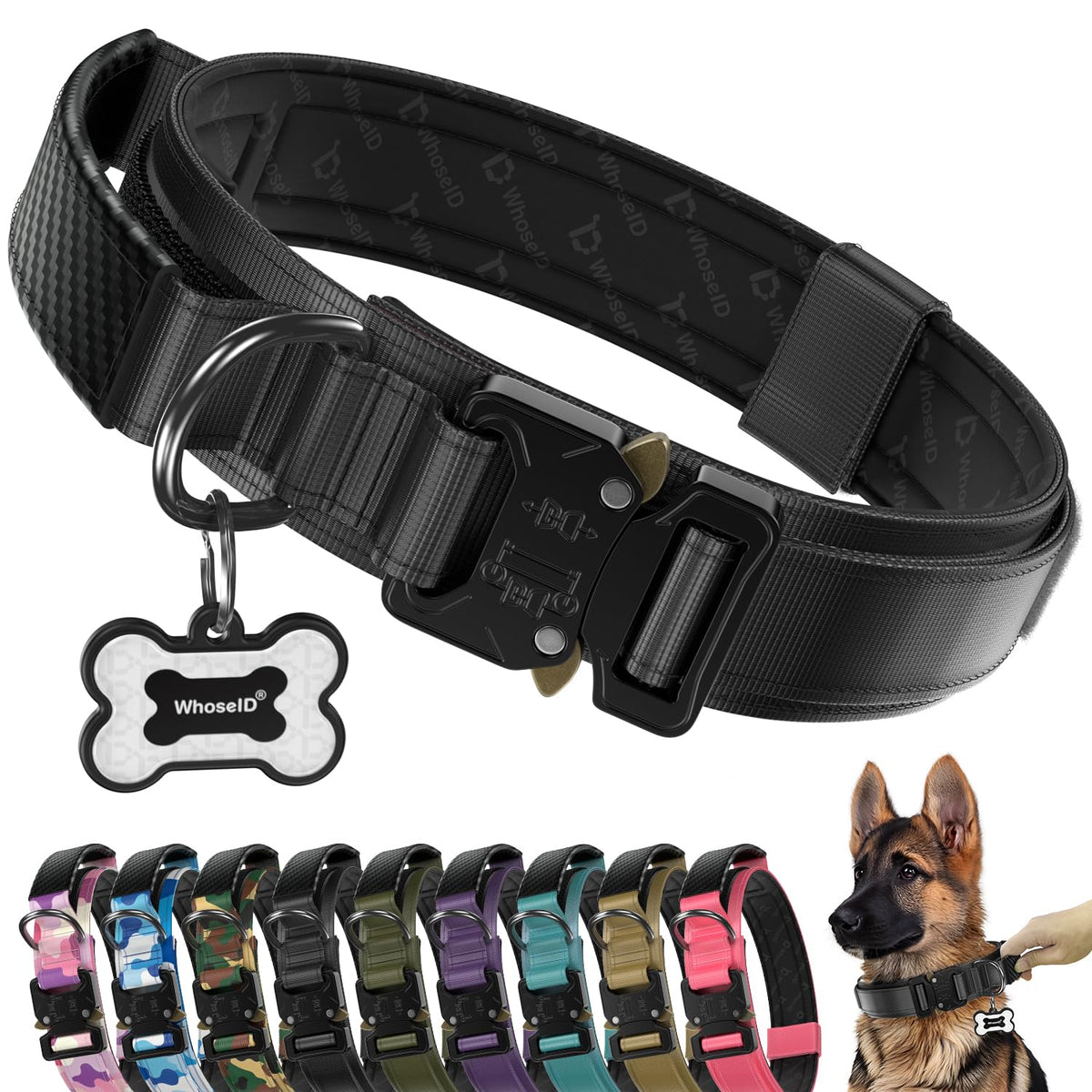 WhoseID tactical dog collar shown from the front with its buckle and integrated handle.