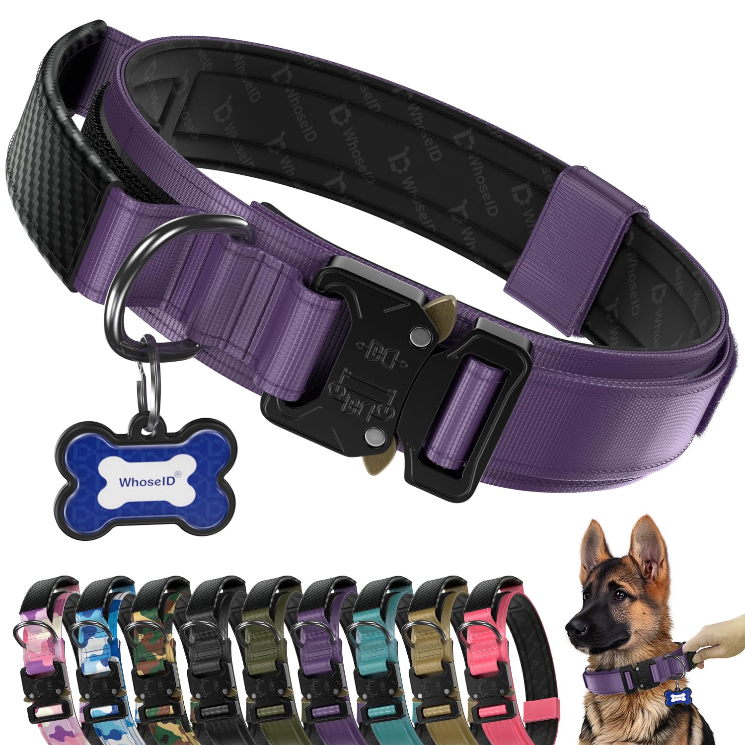 WhoseID tactical dog collar shown from the front with its buckle, handle, and ID tag.