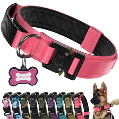 WhoseID tactical dog collar shown from the front with its buckle and adjustable strap.