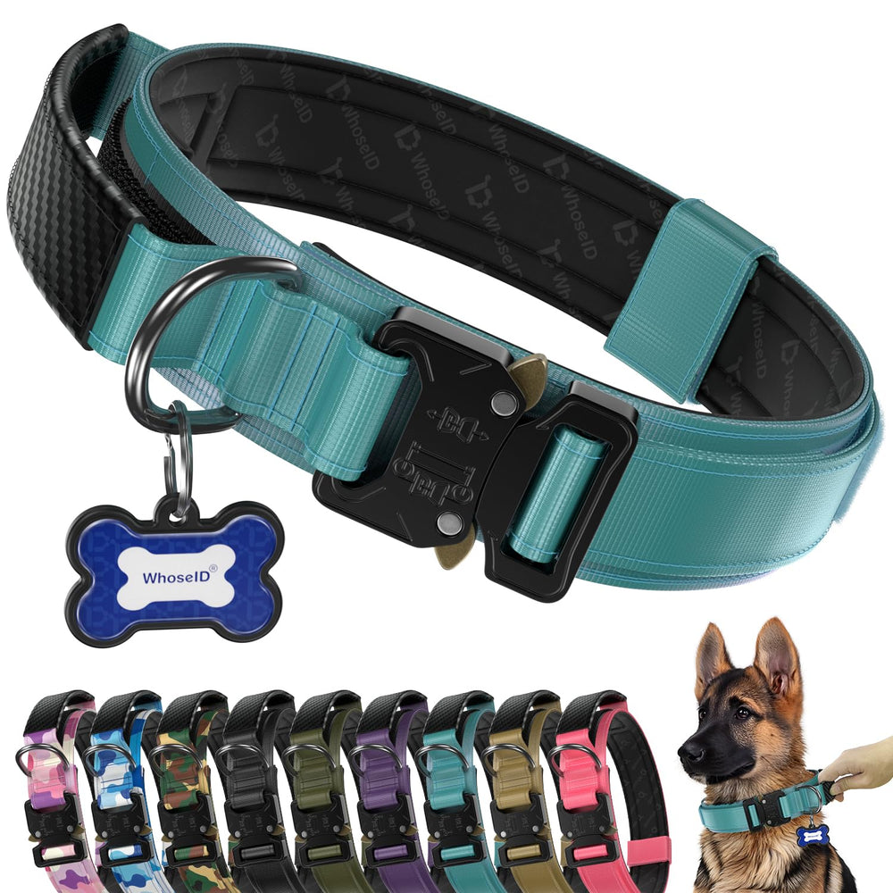 WhoseID tactical dog collar shown from the front with its adjustable design.