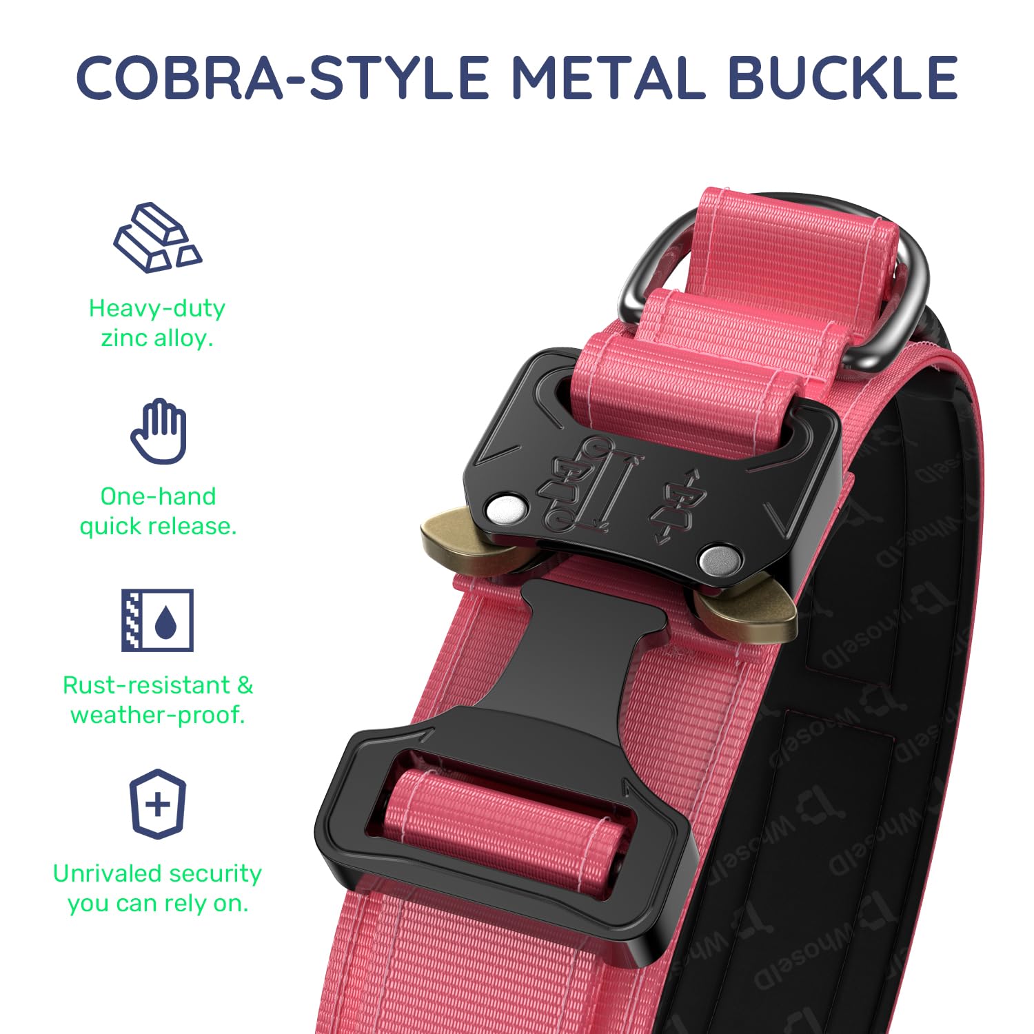 WhoseID tactical dog collar metal buckle shown in a close-up view.
