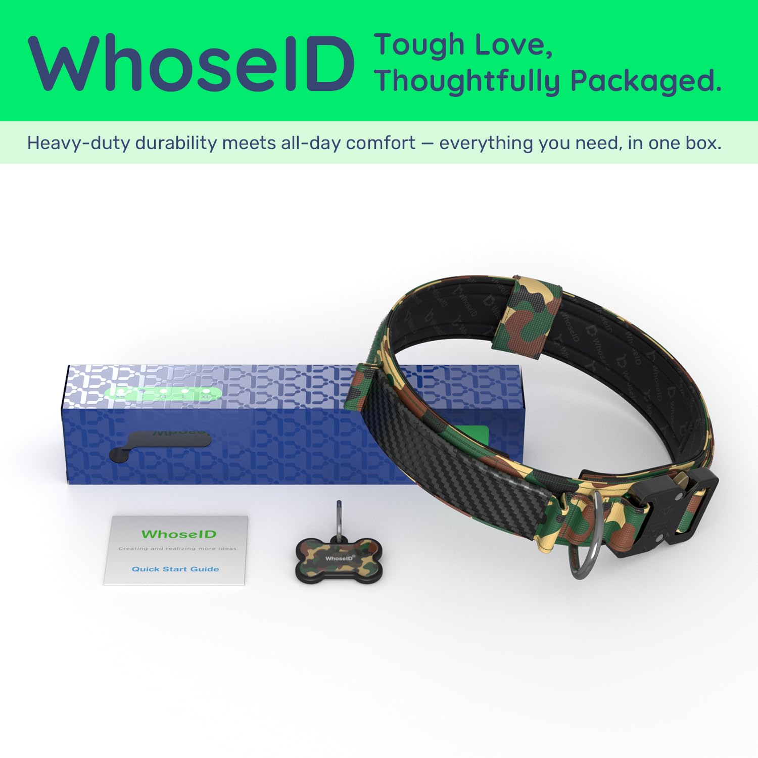 WhoseID tactical dog collar shown from a rear angle.