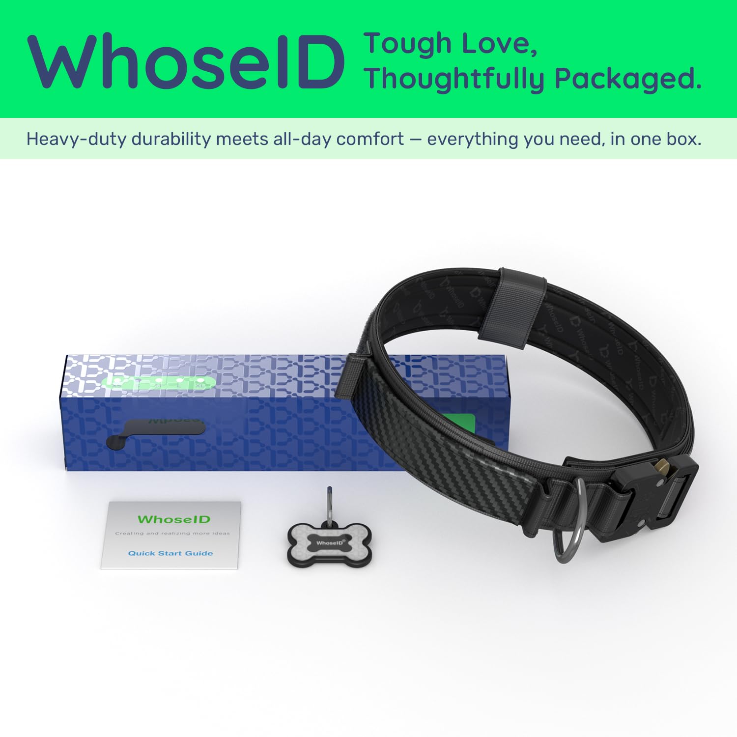 WhoseID tactical dog collar shown from a side angle with the handle secured.