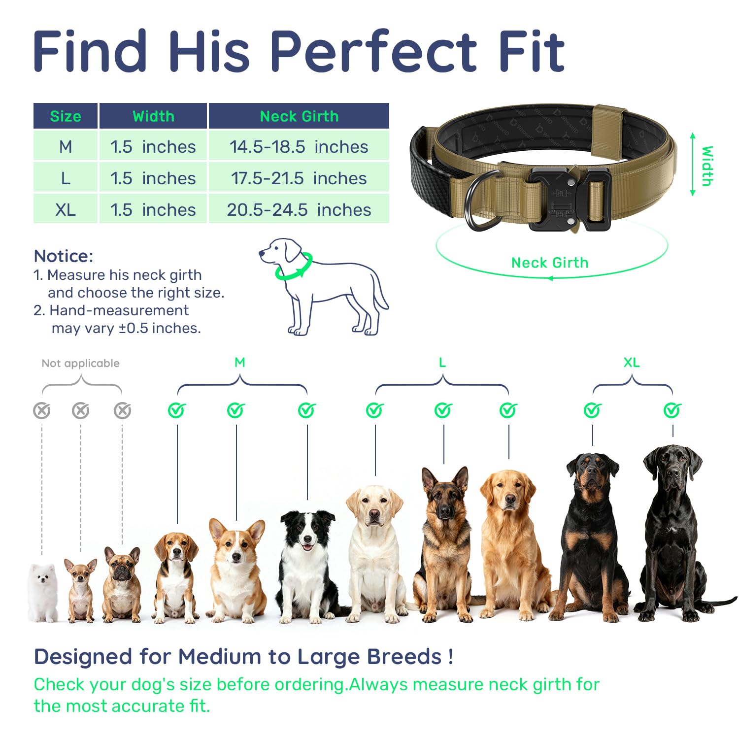 WhoseID tactical dog collar with the handle secured against the collar.