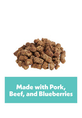 Wiggles & Wags Poppers dog treats with the pork, beef and blueberry flavor combination highlighted.