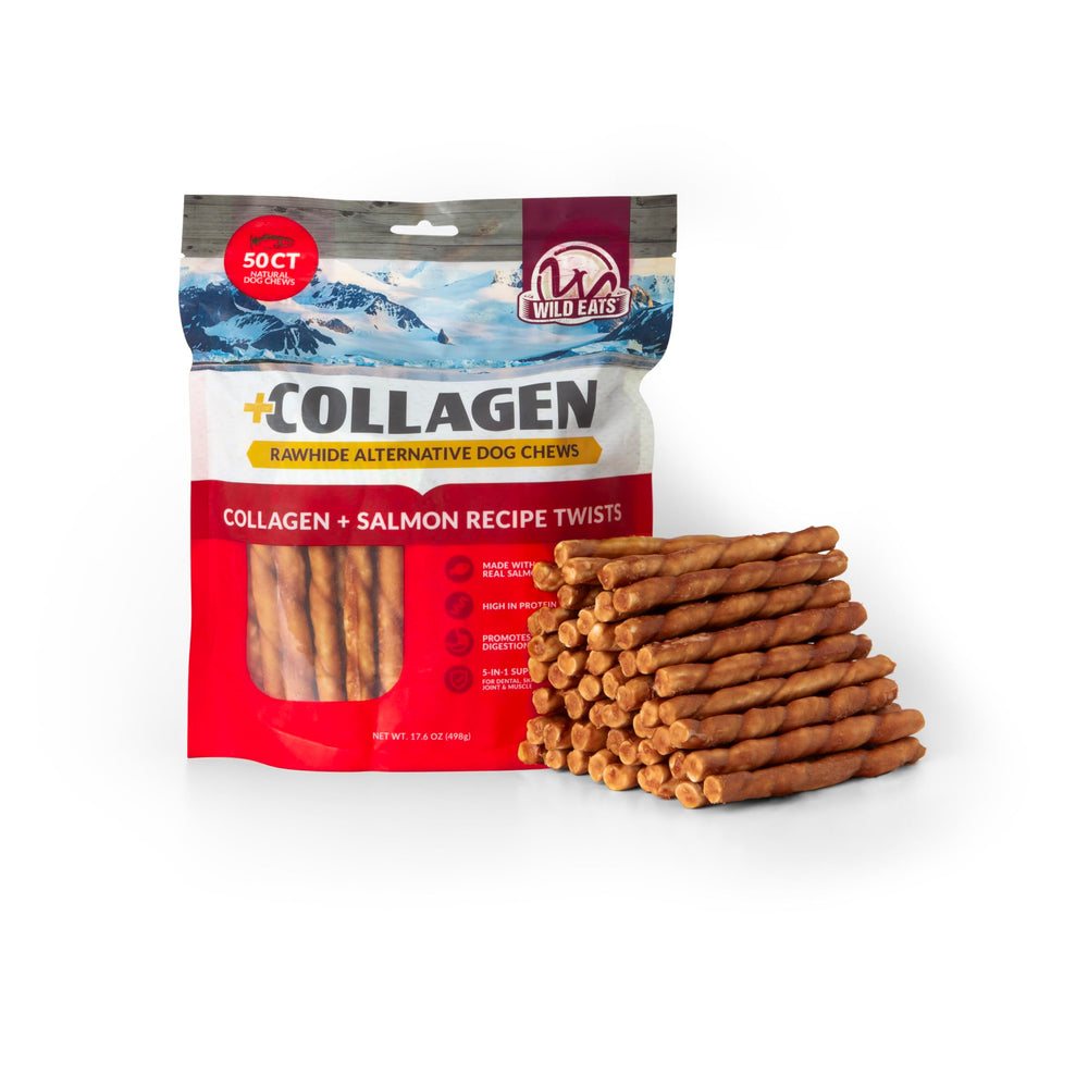 Wild Eats salmon flavor collagen twist dog chew shown to highlight its flavor.