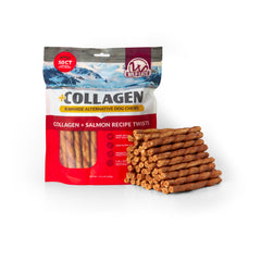 Wild Eats salmon flavor collagen twist dog chew shown to highlight its flavor.