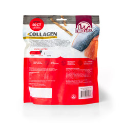 Wild Eats salmon flavor collagen twist dog chew surface shown in close-up.