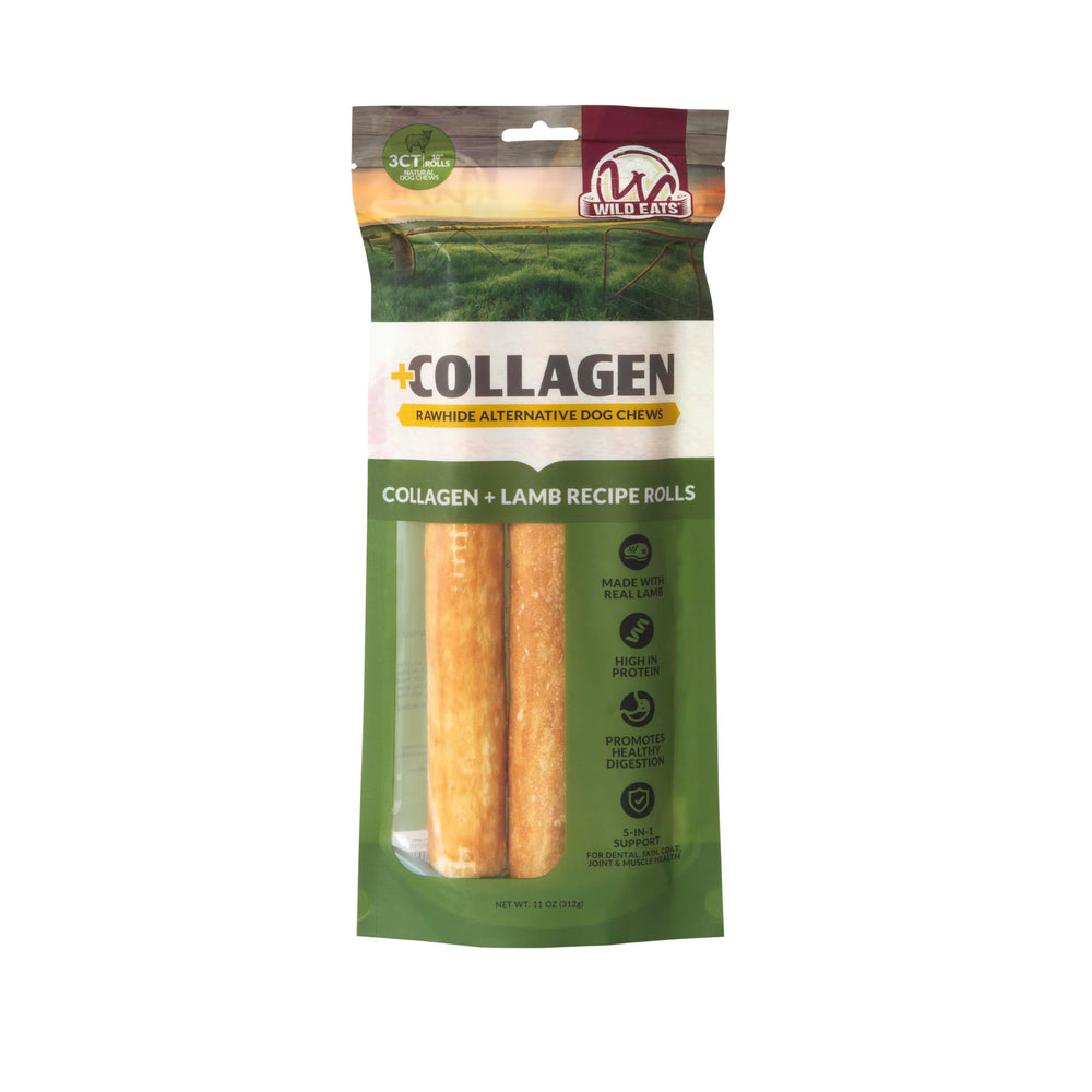 A dog chewing a Wild Eats Lamb Collagen Cheek Roll.