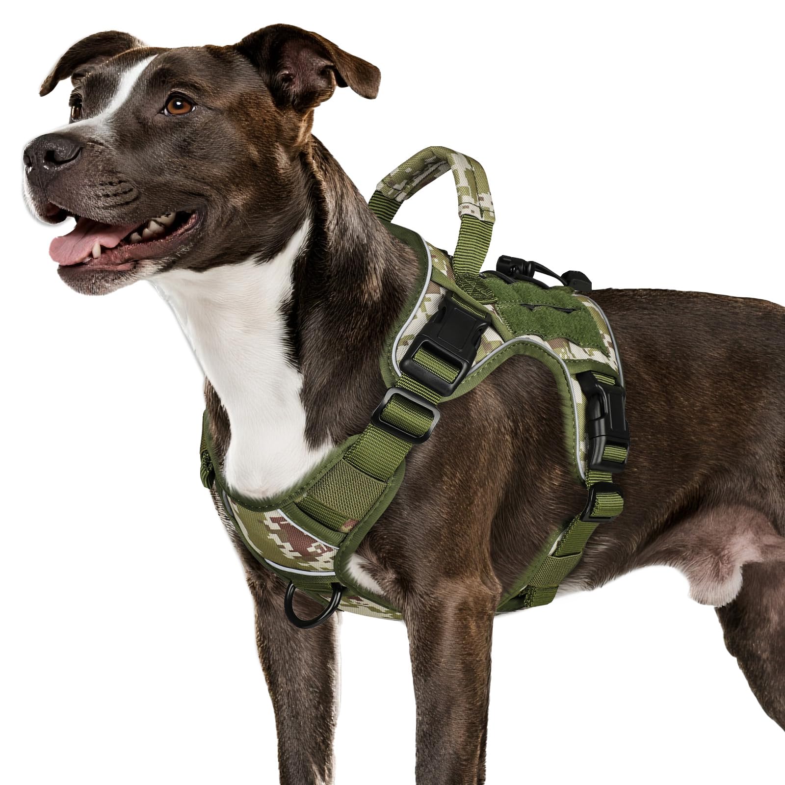 WINGOIN Tactical Dog Harness shown from the front with its camouflage-patterned exterior.