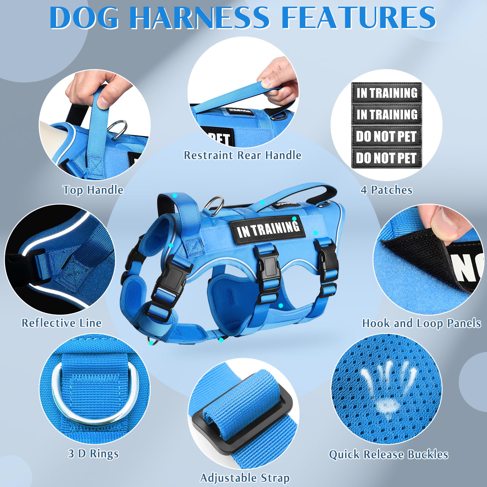 WINSEE dog harness back view showing the sealed metal D-ring attachment point.
