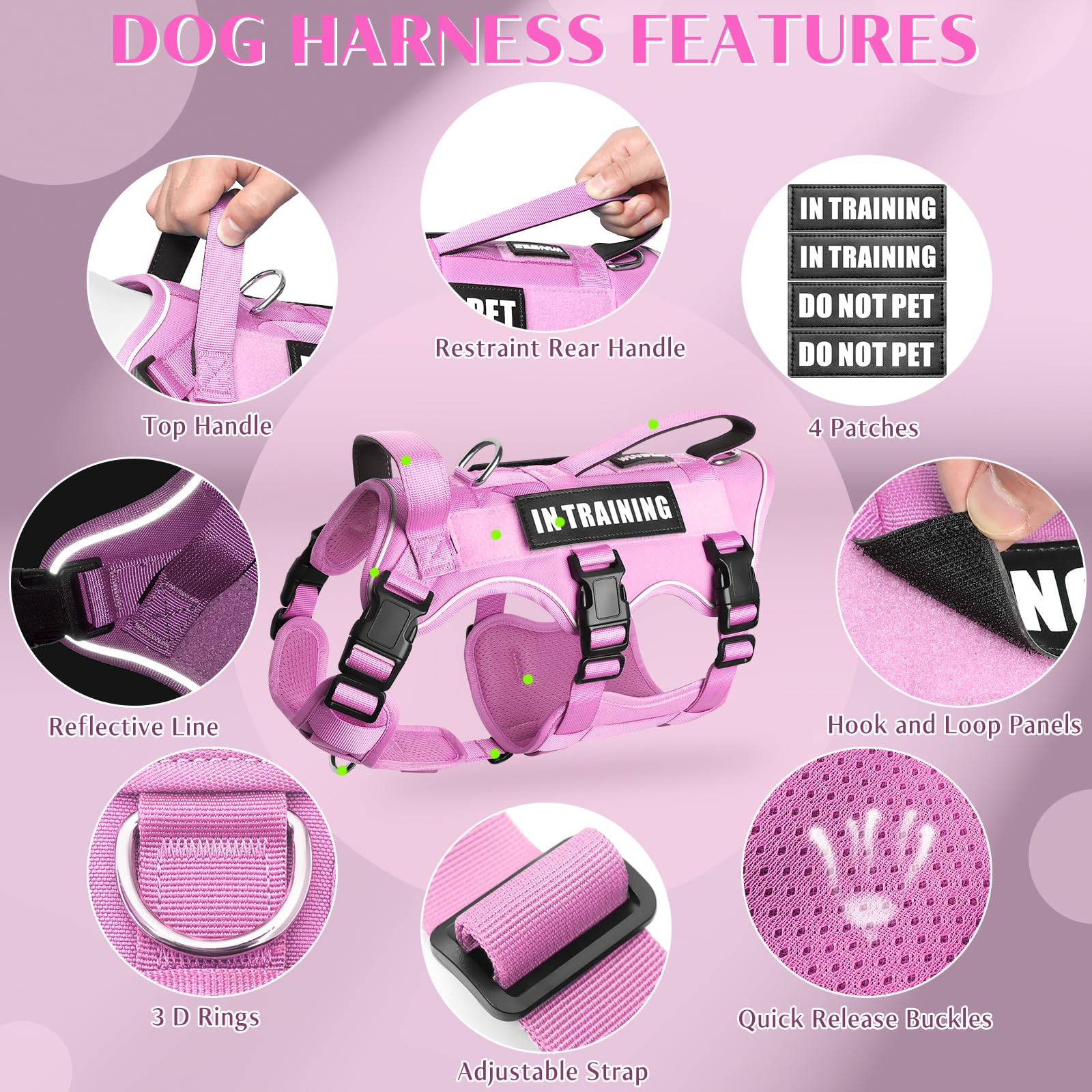 WINSEE dog harness close-up showing reflective strips for low-light visibility.